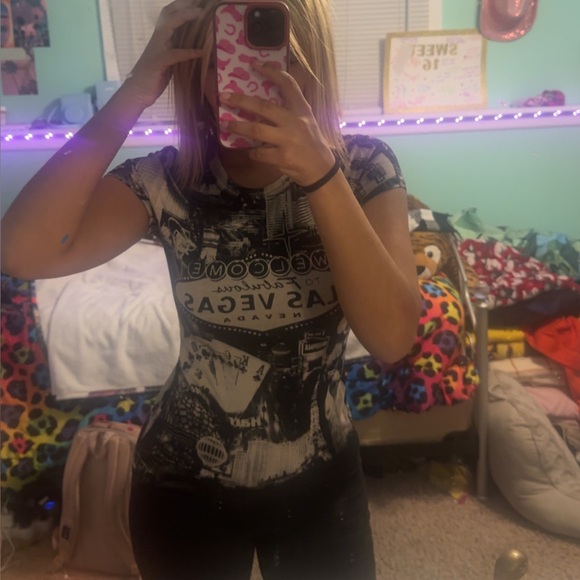 Reserved Tops - Black and cream Las Vegas graphic shirt